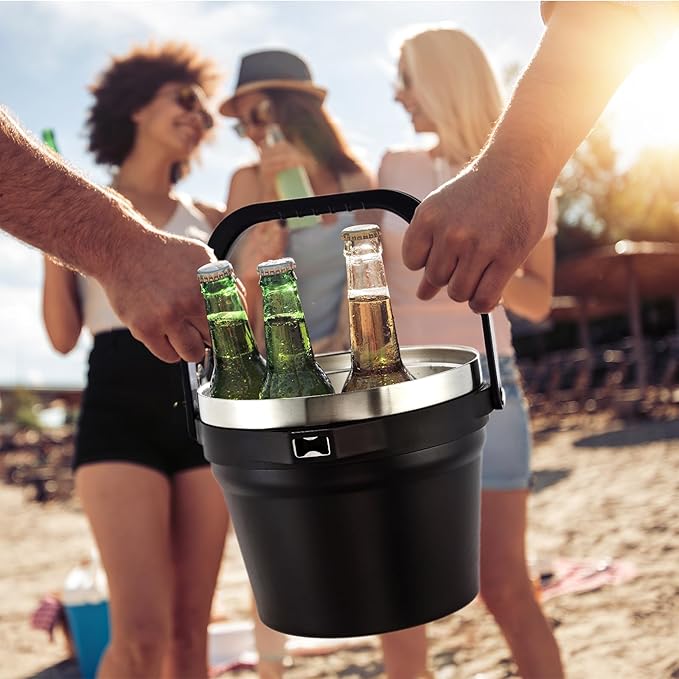COKTIK 7L Vacuum Insulated Ice Bucket with Lid and Scoop& Tongs,Large capacity Stainless Steel Beverage Bucket for Cocktail, Champagne, Wine, Beer,Large Parties(Carbon Black Suit)