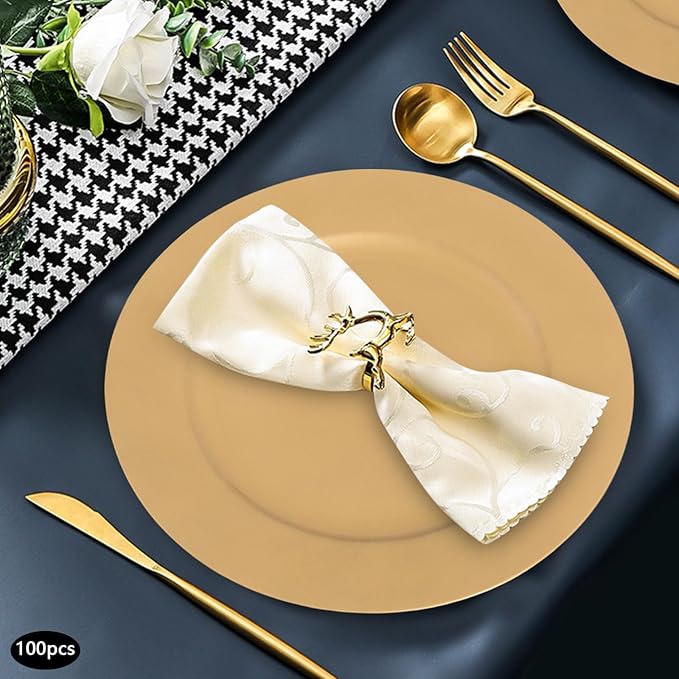 Gold Plastic Charger Plates Set of 100, 13” Reusable Party Chargers for Dinner Plates, Elegant Round Service Plate Chargers Bulk Decorative for Wedding, Catering Table Decor