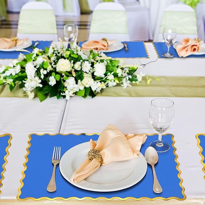 150 Pcs Disposable Paper Placemats Bulk 10"x14" Rectangle Place Mats with Scalloped Edges Dining Table Mat for Wedding Birthday Easter Party Table Decoration(Blue)