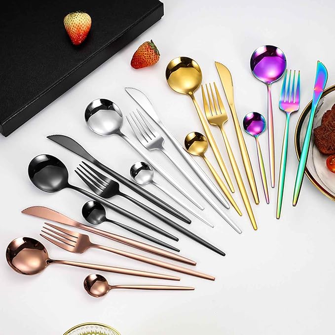 24 Piece Dining Service for 6, Kitchen Utensil Serving Set Include Knives/Forks/Spoons for Tableware, Formal Events, Parties, Dishwasher Safe(Size:A,Color:Gold)