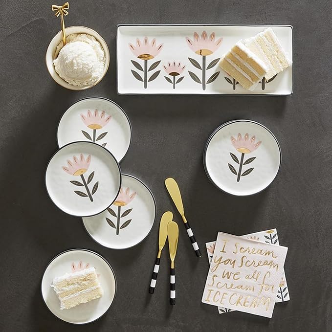 Santa Barbara Design Studio 4-Piece Appetizer Plates Set White Ceramic Dessert Plates, 6" Diameter, Flower