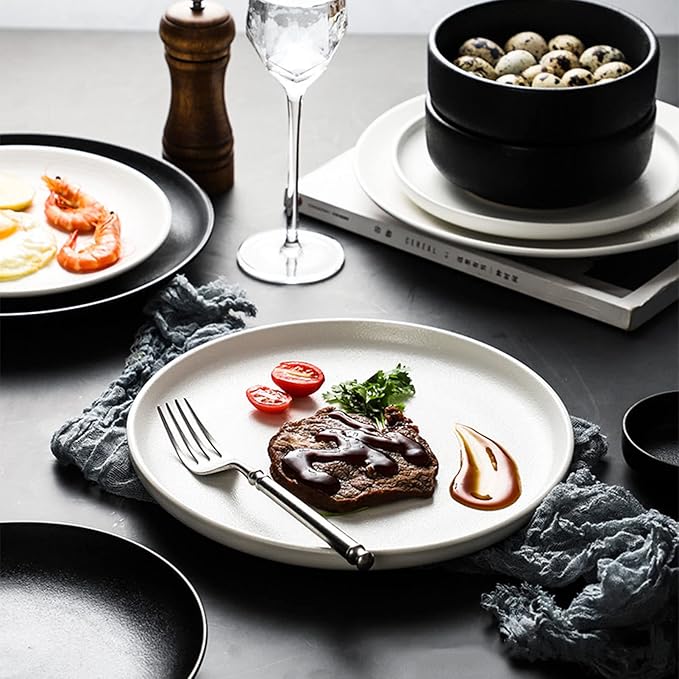 16-Piece Dinner Sets Black White Porcelain Dinnerware Set, Service for 4, Frosted Dinnerware, Kitchen Ceramic Dinsh Set - 4 X Dinner Plates/Salad Plate/Bowls/Taste Dish,