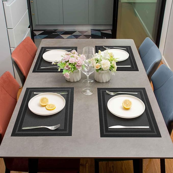 AHHFSMEI Placemats for Dining Table Set of 8 Woven Vinyl Plastic Place Mats Non-Slip Heat Insulation Stain Resistant Table Mats Washable Easy Clean Placemats (Black Frame 8)