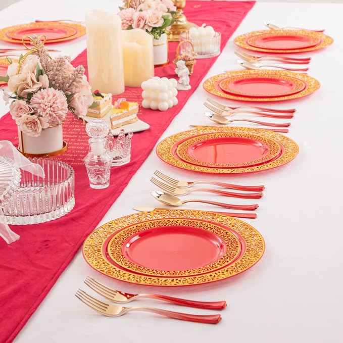 U-QE 150PCS Red and Gold Plastic Plates, Red Disposable Plates with Gold Rim for 30 Guests Include 30 Dinner Plates 10.25", 30 Salad Plates 7.5",30 Forks,30 Knives,30 Spoons Perfect for Party&Wedding