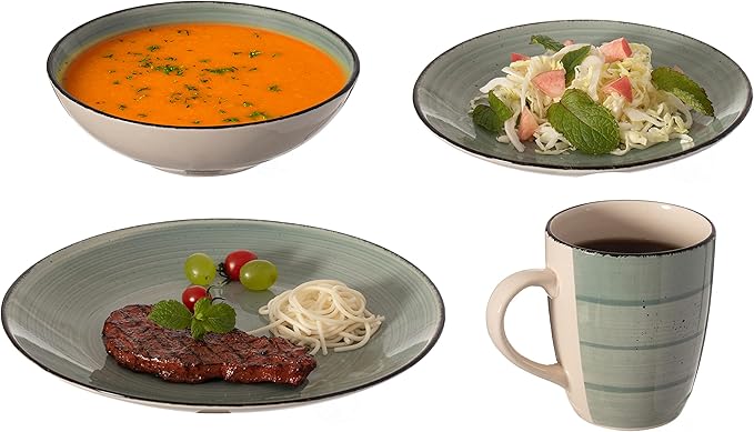 16 PC Spin Wash Dinnerware Dish Set for 4 Person | Mugs, Salad and Dinner Plates and Bowls Sets, Stylish Dishes with Highly Chip and Crack Resistant, Dishwasher and Microwave Safe, Green. QI004502.GN