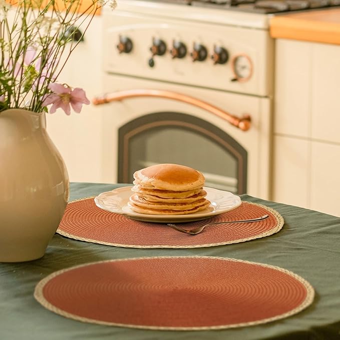 Noctiflorous Round Placemats Set of 8, 15 Inch Braided Hand Woven Table Mats, Heat Resistant Non-Slip Wipeable Thin Edge Place Mats for Kitchen Dining Indoor Outdoor Use(Dark Orange, 8)