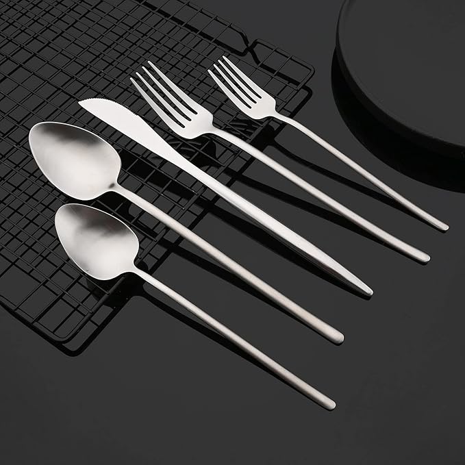 JASHII Modern Silverware Set - 20 Pieces Cutlery Set Matte Silver - Brushed 304 Stainless Steel Flatware Set - Narrow and Long Handle - for Home Dinner and Restaurant