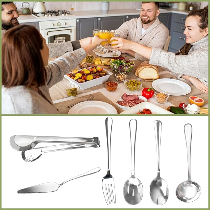 36 Pcs Stainless Steel Serving Utensils Set - Silver Serving Flatware Set Include Large Spoons, Slotted Spoons, Forks, Soup Ladle, Pie Server and Tongs for Kitchen, Buffet, Party Supplies