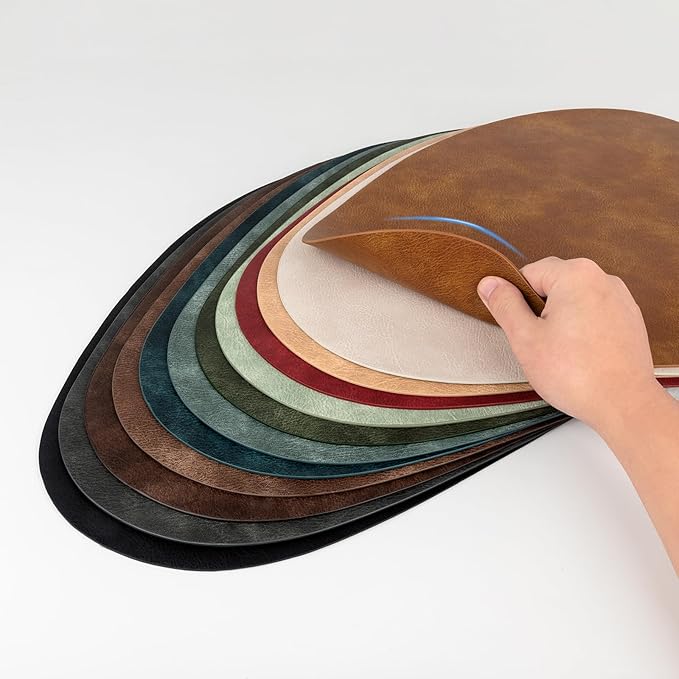 ADRIMER Placemats, Heat Resistant Round Placemats Set of 4 Washable 13 x 17 Inch, Waterproof Table Mats for Kitchen, Dining Room Table Christmas Decor, Turmeric Brown+Camel+Green+Blue