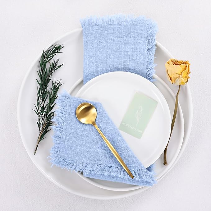 Socomi Set of 6 Linen Napkins Blue Easter Spring Cloth Napkins Washable Cotton Dinner Napkins Fringe 17"x17" for Wedding Party Bridal Baby Shower Birthday Table Decorations