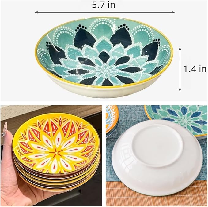 Set of 4 10 OZ Colorful Ceramic Dessert Bowls Bohemian 6 inch Serving Dishes Cute Shallow Bowls for Appetizer,Side Dishes,Sushi,Salad,Snack,Icecream,Fruit,Microwave Dishwasher Safe