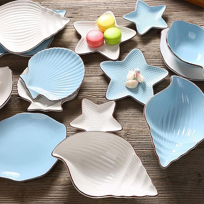 Sauce Dish Set of 2 Sauce Dish Ocean Starfish Shell Fish Shape Ceramic Appetizer Plates Snack Fruit Sushi Dessert Jewelry Plates Dinnerware Trays Home Decoration Dip Bowl (8.27x5.31in)