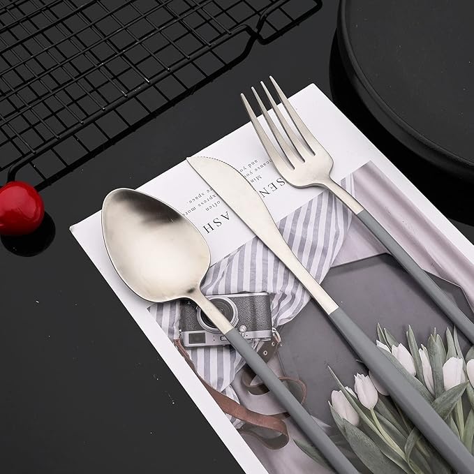JASHII Matte Grey and Silver Silverware Set, 304 Stainless Steel Flatware Set Service for 4, Tableware Cutlery Set for Home Restaurant Party, Dinner Forks/Spoons/Knives, Slim Handle, Dishwasher Safe