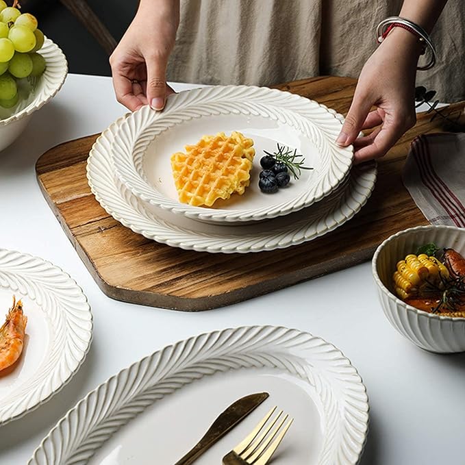 New Dinnerware Sets,Ceramics Dinner Sets, 25 Pieces White Glaze Porcelain Dinnerware Set| Retro Relief Cereal Bowl and Steak Plate Set