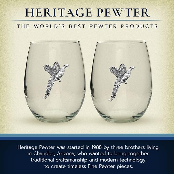 Heritage Pewter Pheasant Stemless Glass Goblets β Set of 2 | 15 OZ Goblet Wine Glasses | Expertly Crafted Pewter Glass