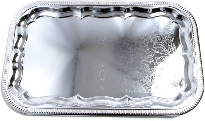(Pack of 4) 20.9" x 12.8" Traditional Rectangular Trim Floral Pattern Engraved Catering Chrome Plated Serving Plate Mirror Tray Platter Tableware Holiday Party Serving (Large) T227L-4PK