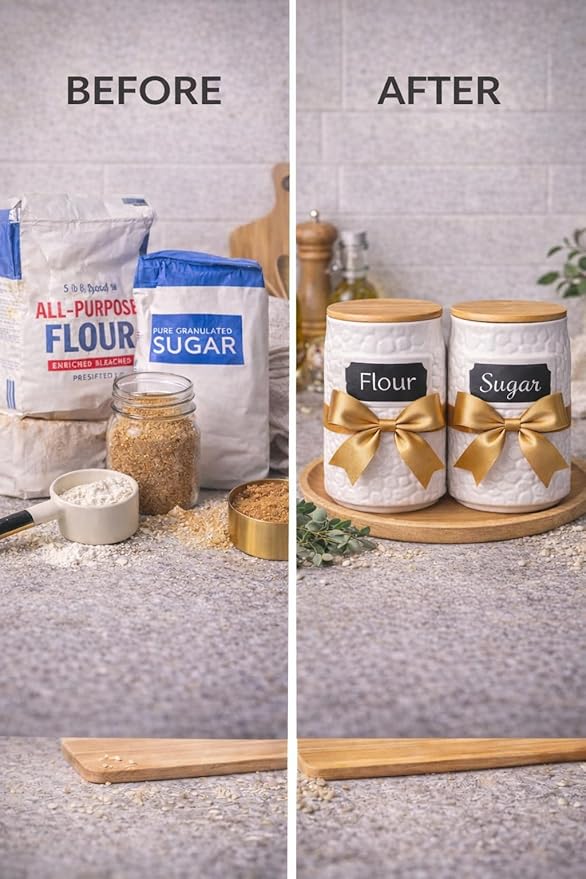 Decorative Ceramic Canister for the Kitchen Set of 2 (94oz/2779ml & 52oz/1537ml) – Airtight Flour Sugar Coffee Containers with Bamboo Lids, Large Kitchen Counter Storage Jars