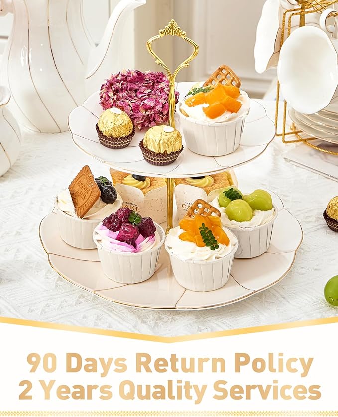 DUJUST Luxury Porcelain 2-Tier Cupcake Stand Tower, British Style Serving Tray with Golden Trim, Food Grade Dessert Display Stand, Beautiful Gift for Tea Party & Home Décor