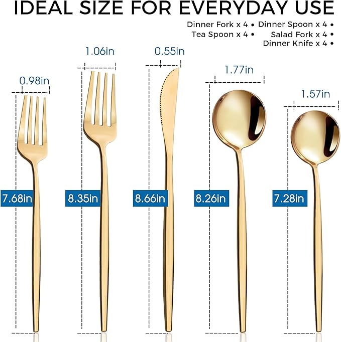 20-Piece Gold Silverware Set for 4, Titanium Golden Stainless Steel Flatware Set, Golden Cutlery Set for Home and Restaurant, Daily Utensil, Mirror Polished, Dishwasher Safe, Serving for 4