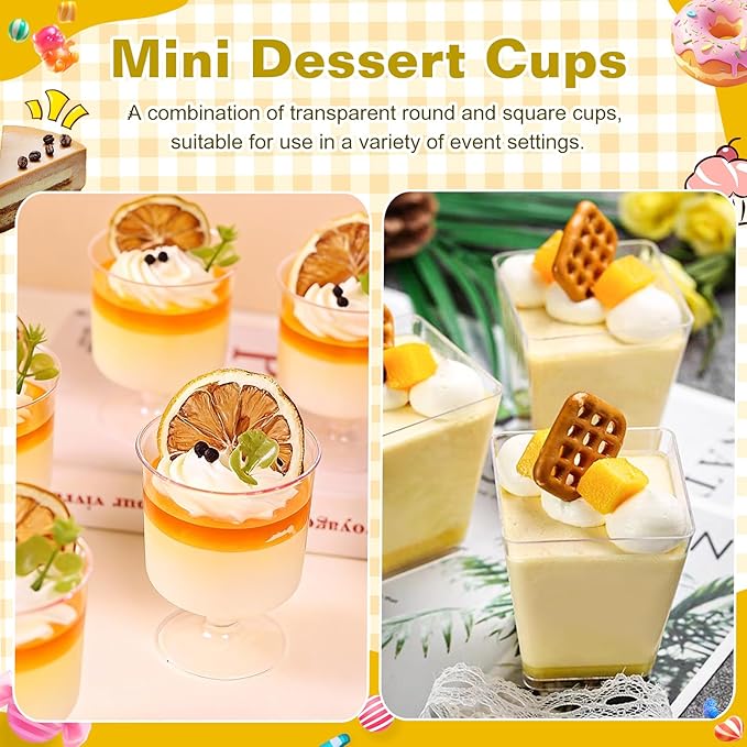 mwellewm 300Packs Dessert Cups with Spoons, 5 OZ Mini Clear Plastic Parfait Cup for Party, Square Desert Shot Glasse Round Goblet with Gold Rim Small Reusable Fruit Ice Cream Pudding Appetizer Cup