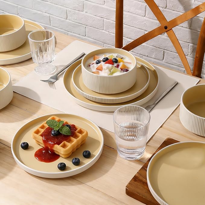 MONITO Ceramic Dinnerware Sets for 4, 18PCS Stoneware Plates and Bowls Sets, Reactive Glaze Dish Set, Chip and Scratch Resistant Double, Microwave and Dishwasher Safe, White Orange