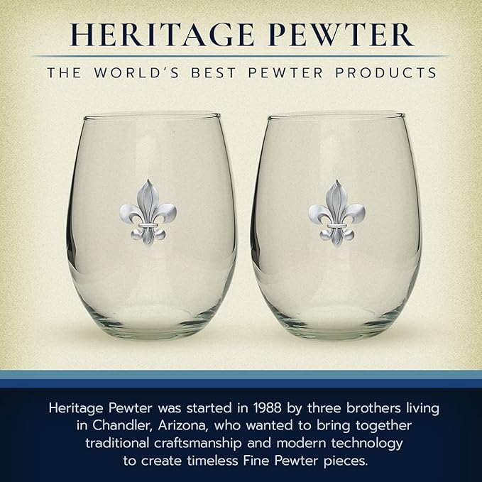 Heritage Pewter Fleur de Lis Stemless Glass Goblets β Set of 2 | 15 OZ Goblet Wine Glasses | Expertly Crafted Pewter Glass
