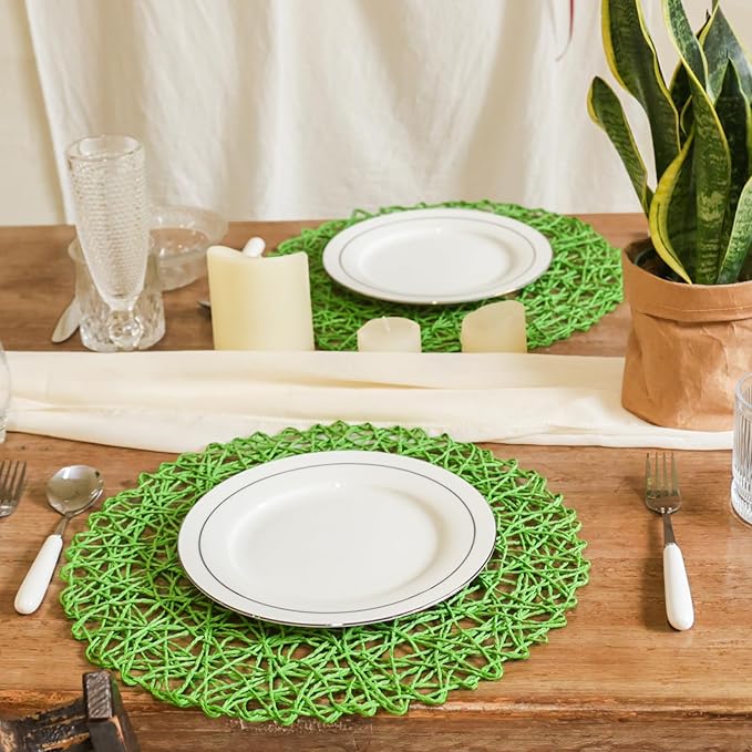 AHHFSMEI Paper Braided Round Placemats Set of 8 Natural Non-Slip Heat Resistant Table Mats for Dining Tables Woven Indoor Outdoor Place mats for(Forest Green,8)