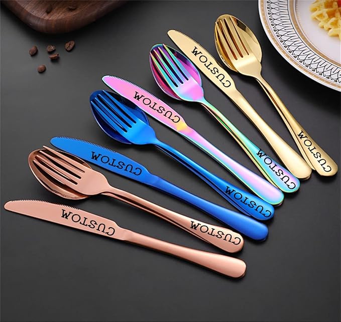 Stainless Steel Customized Flatware Set,Engraving Name Knife Forks Spoon,Personalized names will be engraved on your tableware, Customized Birthday Christmas Gift (Rose Gold)