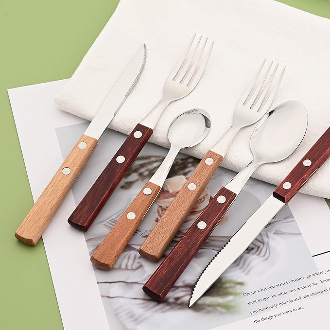 Teaspoons Set of 8, 304 Stainless Steel Dessert Spoons with Red Wooden Handle, 6.3 Inch Ice Cream Spoons for Coffee, Appetizer, Bistro