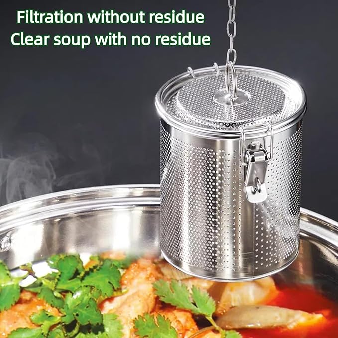 Stainless steel cylindrical seasoning filter, Multi purpose spice filter,Mesh Design Tea Ball Strainer Soup Seasonings Seperation Basket Filter with Chain Hook for Home Restaurant (12 * 12CM/1.356L)