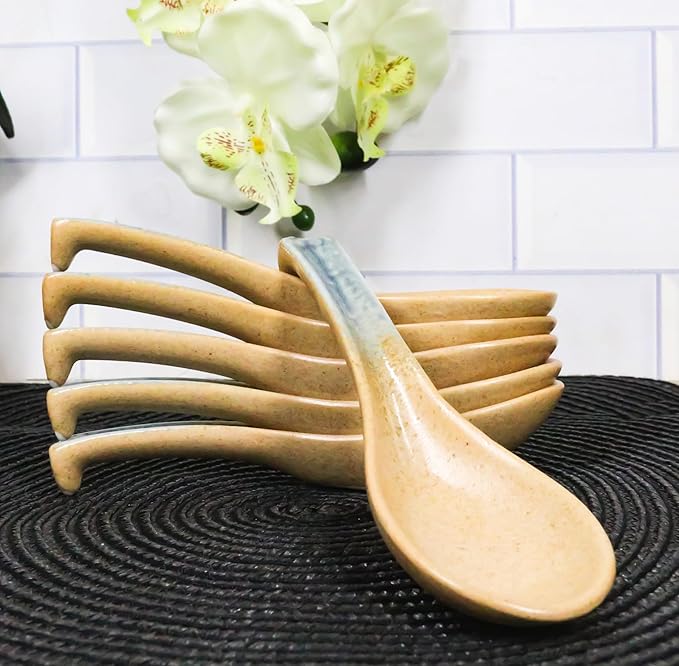 Ebros Gift Artistic Blue River Ao Nagashi Collection Dinnerware Serveware Kitchenware Set Asian Japanese Restaurant Supply (Pack Of 6 Ladle Hook Style Soup Spoons)