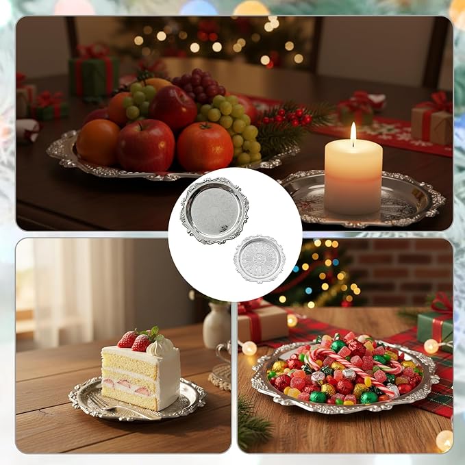 2 pcs Silver Platter, Silver Platter Tray, 8-Inch and 3-Inch Decorative Set, Alloy Metal Serving Dish for Food Display and Home Decor