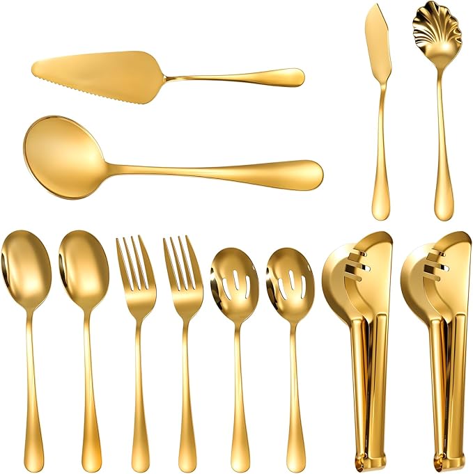12PCS Gold Serving Spoons Utensils, Stainless Steel Flatware Cutlery with Serving Slotted Spoon Forks Soup Ladle Tongs Pie Server Butter Knife for Home Restaurant Buffet Catering Banquet Party