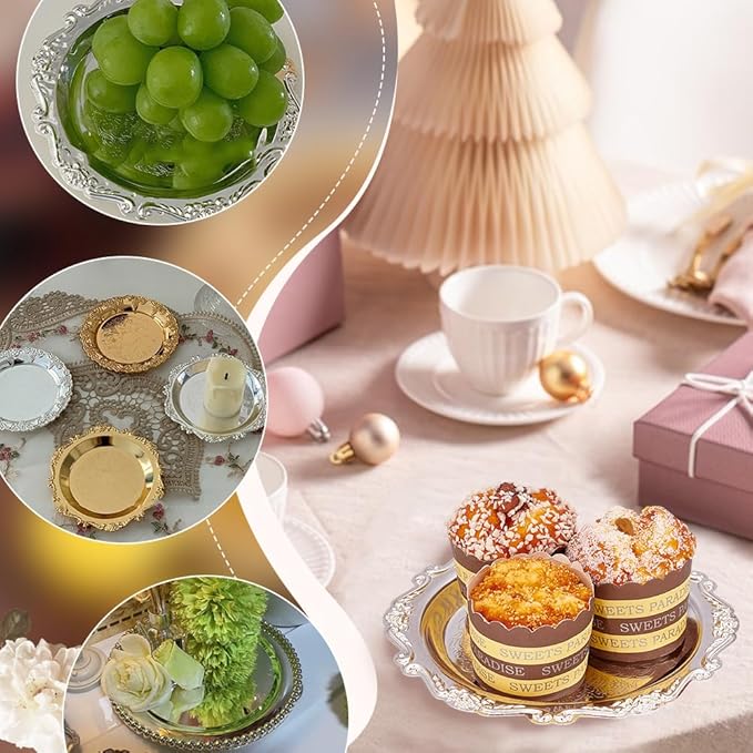 PH PandaHall 7.8" Silver Tray Jewellery Display Tray Serving Tray Decorative Round Platter Vintage Style Candle Tray Dispenser for Wedding Party Home Kitchen Centerpiece Display Perfume Organizer