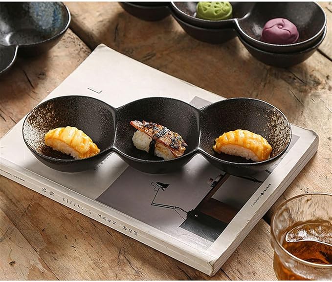 Sauce Dish 1 Piece Dipping Bowl Multi-Compartment Plate Ceramic Compartmentalized Grilled Meat Seasoning Flavor Hot Pot Snack Bowl Dish Snack Plate(D), ZCL2024