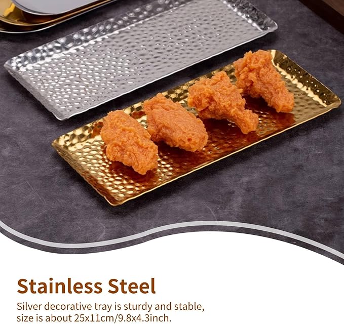 Stainless Steel Hammered Rectangular Tray, Silver Serving Tray and Platters Storage Appetizer Tray for Home Restaurant(Silver)