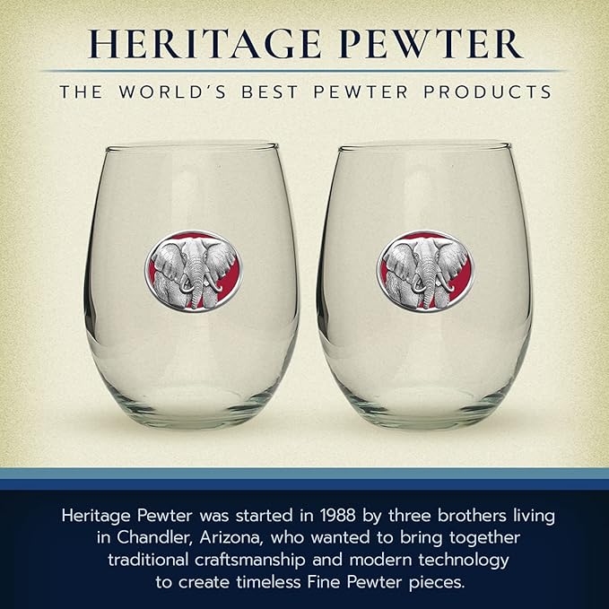 Heritage Pewter Elephant Stemless Glass Goblets β Set of 2 | 15 OZ Goblet Wine Glasses | Expertly Crafted Pewter Glass