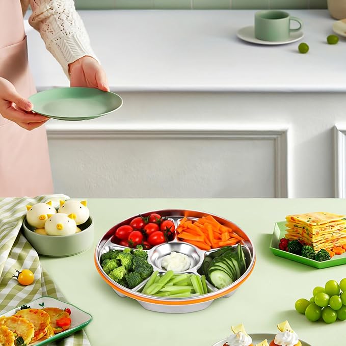 Luxshiny Divided Serving Tray with Lid 6 Compartments Stainless Steel Snack Tray Vegetable Fruit Platter for Family Gatherings Picnics and Office Lunches