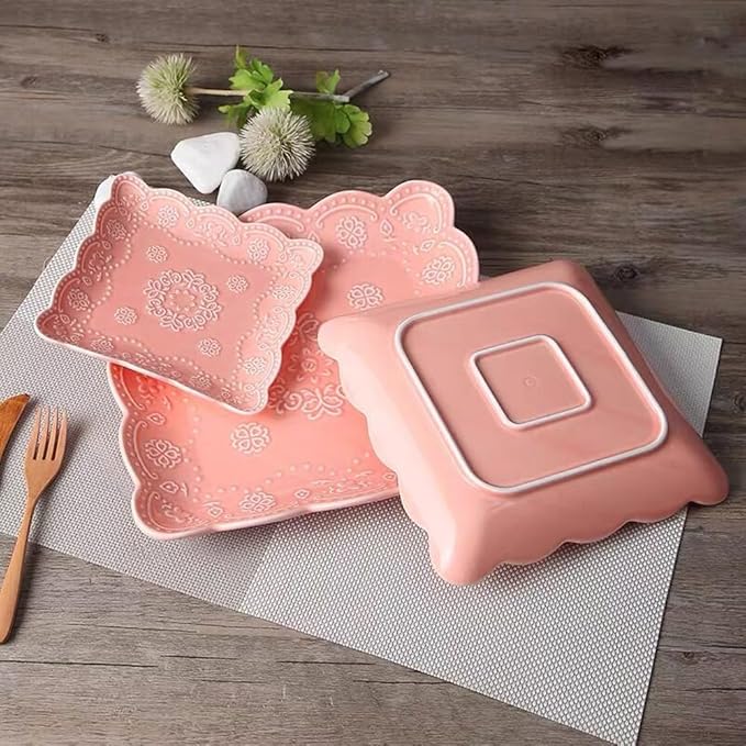 Eplze YBK Tech Elegant Square Embossed Lace Plate Bone China Dessert Plate Ceramic Plate for Breakfast Afternoon Tea (Pink, 10-inch)