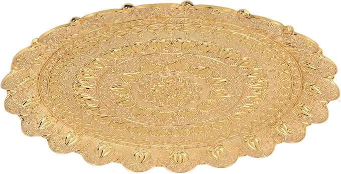 Turkish Tea Coffee Serving Tray, Vintage Style Round Coffee Tray with Embossed Pattern, Metal Dessert Plate for Bar Outdoor Dresser and Home Use (Gold)
