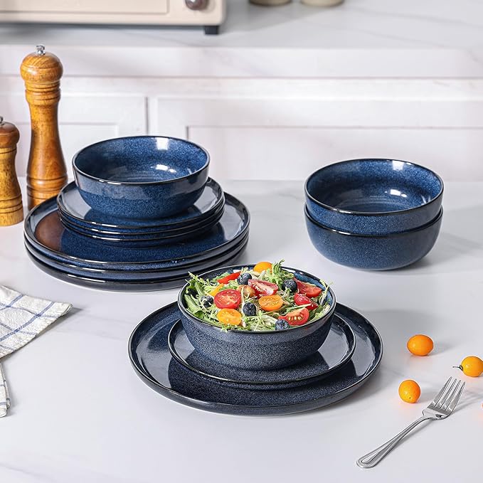 Ceramic Salad Dessert Plates Set: 8 inch Porcelain Reactive Glaze Plates Set, Mordern Stoneware Kitchen Dinnerware Dishes Set, Microwave & Dishwasher Safe, Scratch Resistant, Set of 6 (Blue)