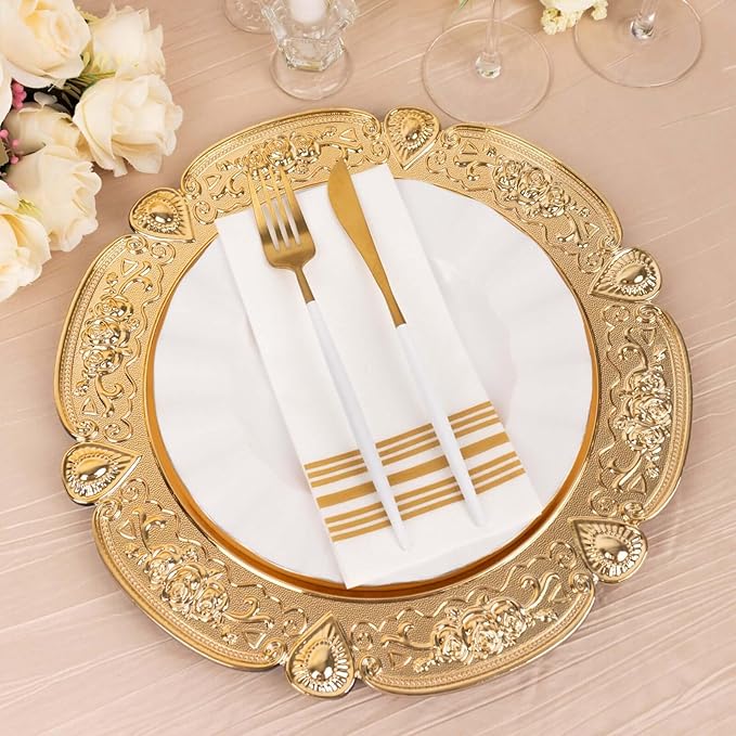 Efavormart 6 Pack Gold Floral Embossed Acrylic Charger Plates With Scalloped Rim, 13" Round Plastic Decorative Serving Plates