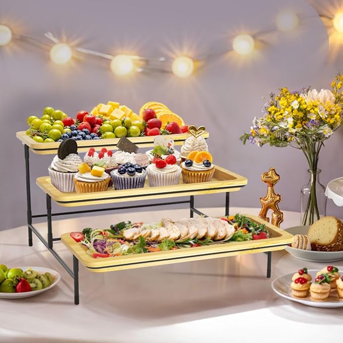Lifewit 3 Tier Bamboo Serving Tray for Party Supplies, 14" x 6.5" Platters for Serving Food, Reusable Trays with Black Metal Display Stand for Veggie, Fruit, Cookies, Dessert