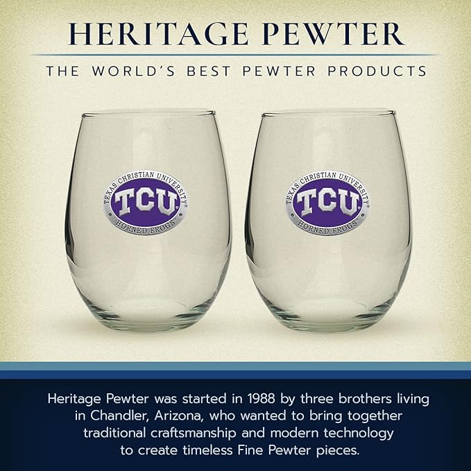 Heritage Pewter TCU Horned Frogs Stemless Glass Goblets β Set of 2 | 15 OZ Goblet Wine Glasses | Expertly Crafted Pewter Glass