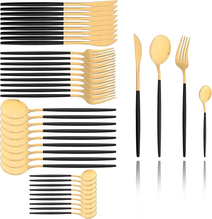 40 Pcs Silverware Set With Teaspoon For 10, Food Grade Stainless Steel Utensils Tableware Set, Elegant & Simple Flatware Serving Set Include Knife Fork Spoon, Mirror (Black Gold)