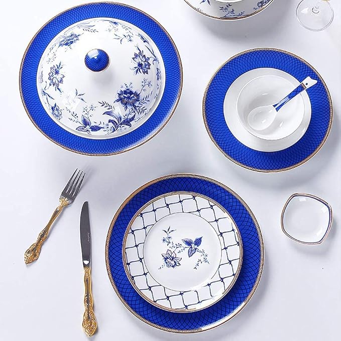 Ceramic Tableware Set, Bowls/Plates/Saucers/Spoons | Bone China Tableware Set, Modern Blue and White Porcelain Pattern Set, 60 Pieces.,-60pieces