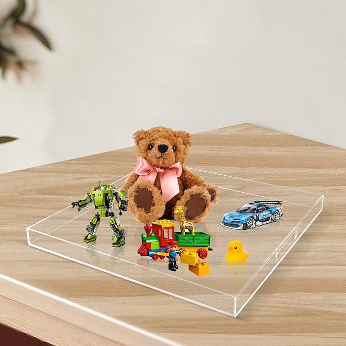 Clear Large Acrylic Round Serving Tray Decorative Trays Countertop Organizer Desserts Coffee Serving Tray with Handles,Spill Proof,for Desk,Nightstand, Sidetable(23.62")