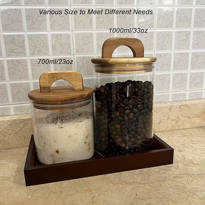 Glass Kitchen Canisters with Airtight Acacia Wooden Lid, Airtight Food Storage Jar with Handle,Canisters for Bathroom Decor with Vanity Tray (2, Brown Wooden Lid, 33 oz)