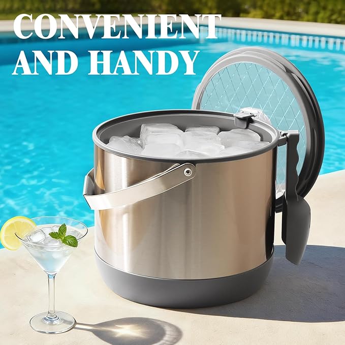 5QT/4.8L Insulated Ice Bucket for Parties, Large Capacity Double-Wall Beverage Bucket with Scoop & Lid for Champagne, Wine, Cocktail (Gray)