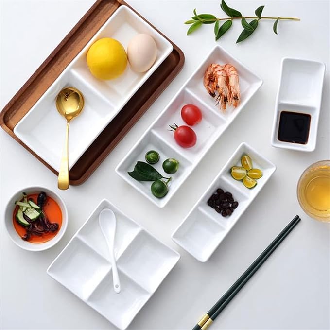 Condiment Tray White Poecelain Soy Sauce Dish 2 Compartment Appetizer Plate Tray Divided Dipping Sauce Dishes for Sushi Ketchup Appetizer Serving (9.84inch Dip Sets